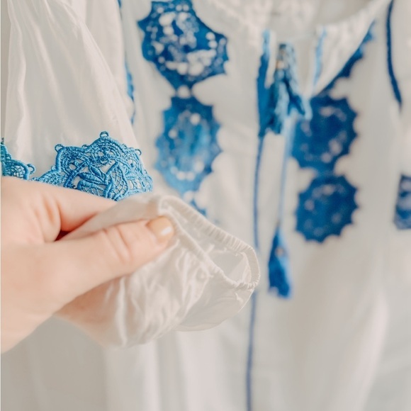 Line + Dot Boho White Beach Cover-Up Blue Embroidery Tassel Tie XS - Picture 4 of 15